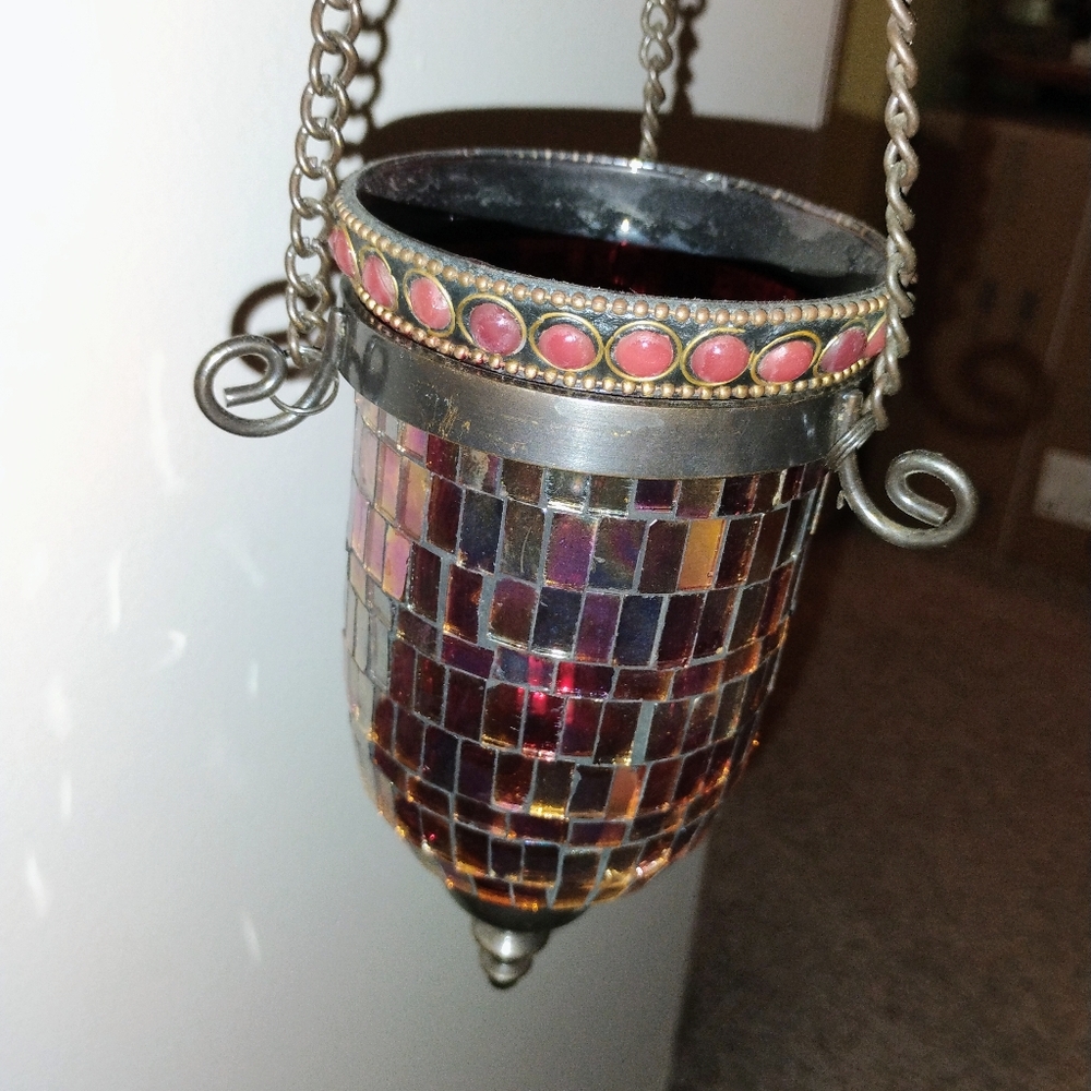 Vintage Pier 1 Mosaic Glass Hanging Candle Holder